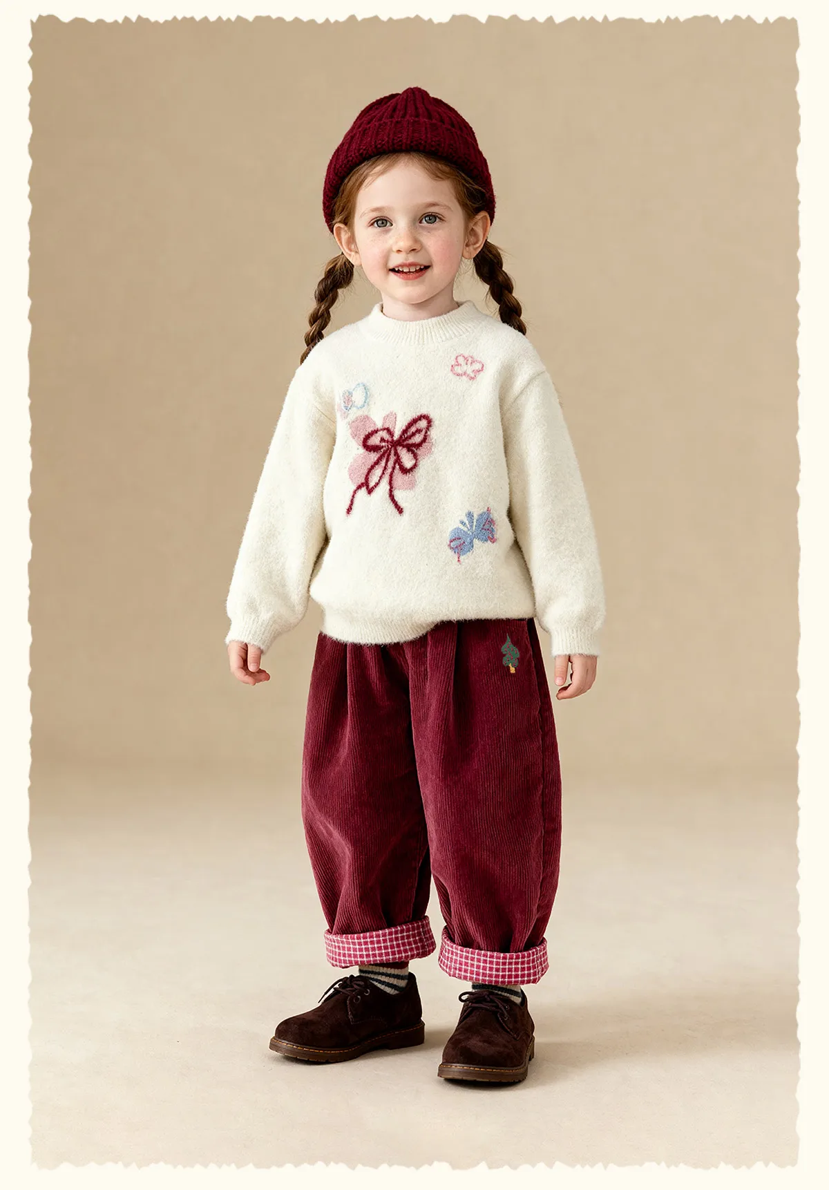 Amila Kids 2026 Children's Winter Loose Casual Pants Solid Color Fabric Inner Plaid Splicing Casual Retro Warmth