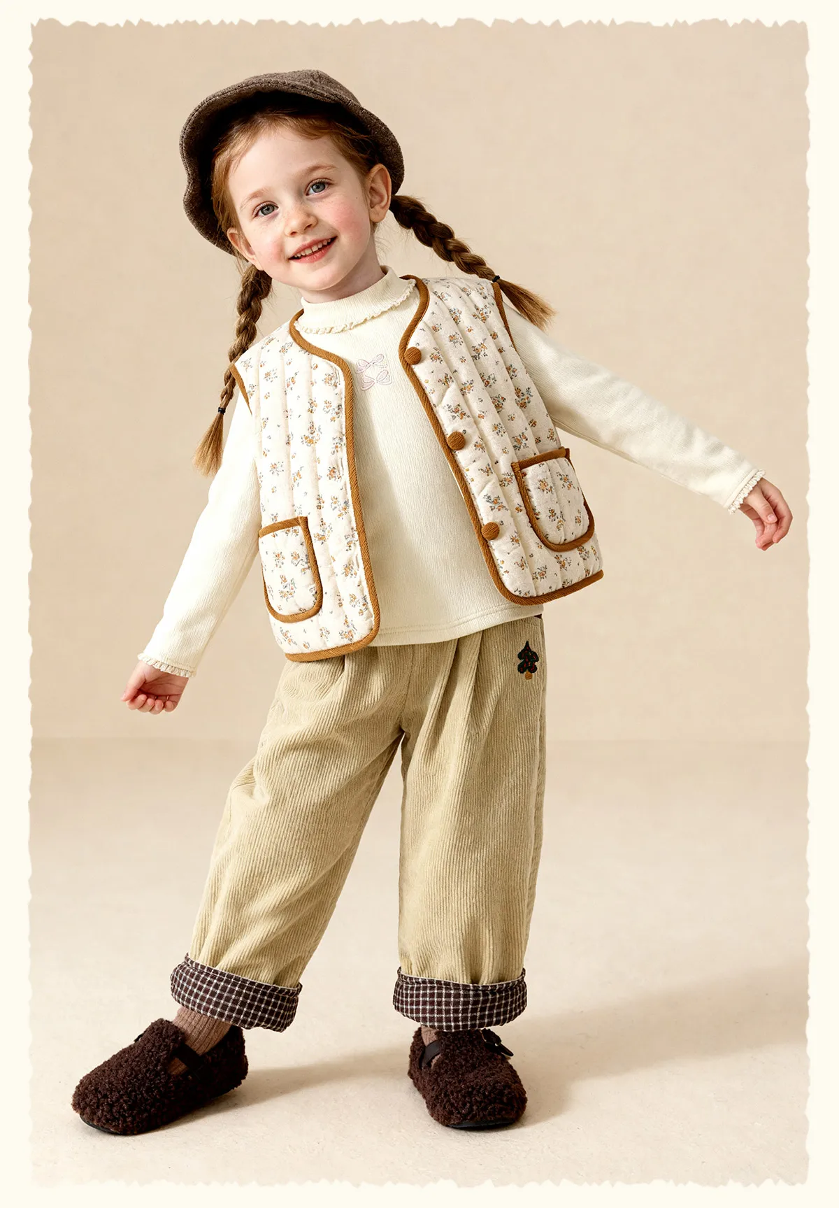 Amila Kids 2026 Children's Winter Loose Casual Pants Solid Color Fabric Inner Plaid Splicing Casual Retro Warmth