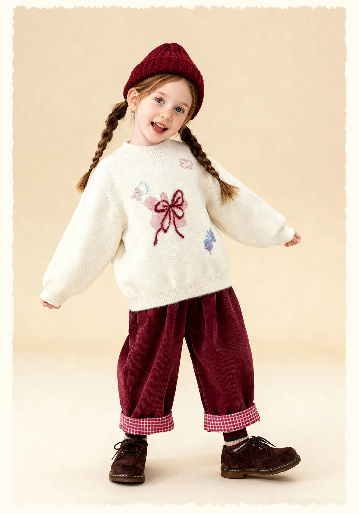 Amila Kids 2026 Children's Winter Loose Casual Pants Solid Color Fabric Inner Plaid Splicing Casual Retro Warmth