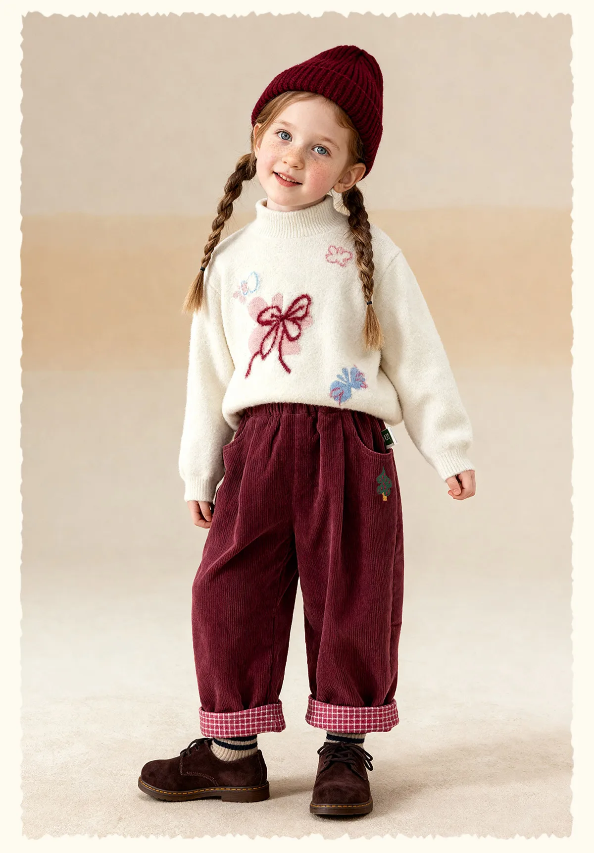 Amila Kids 2026 Children's Winter Loose Casual Pants Solid Color Fabric Inner Plaid Splicing Casual Retro Warmth