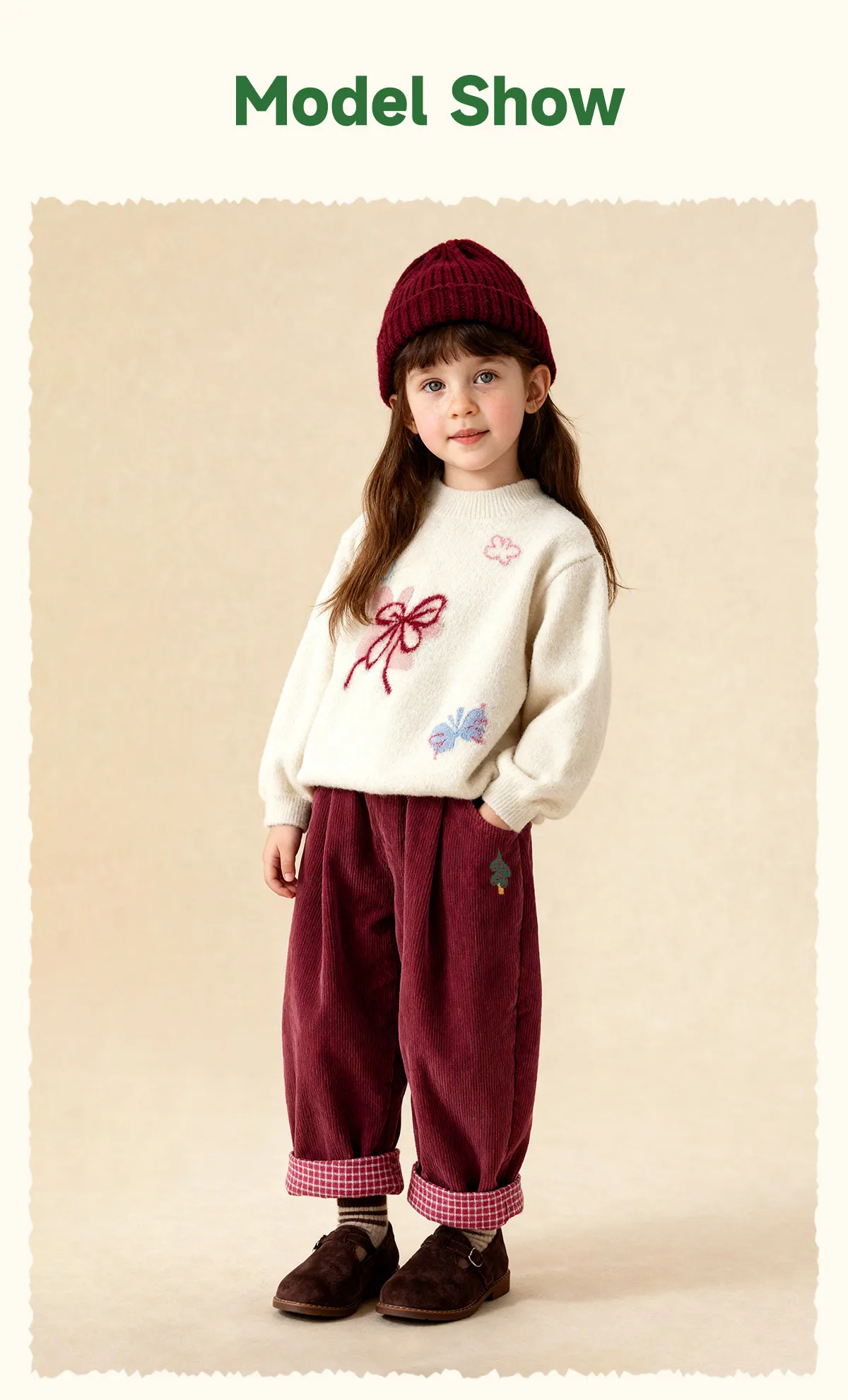 Amila Kids 2026 Children's Winter Loose Casual Pants Solid Color Fabric Inner Plaid Splicing Casual Retro Warmth