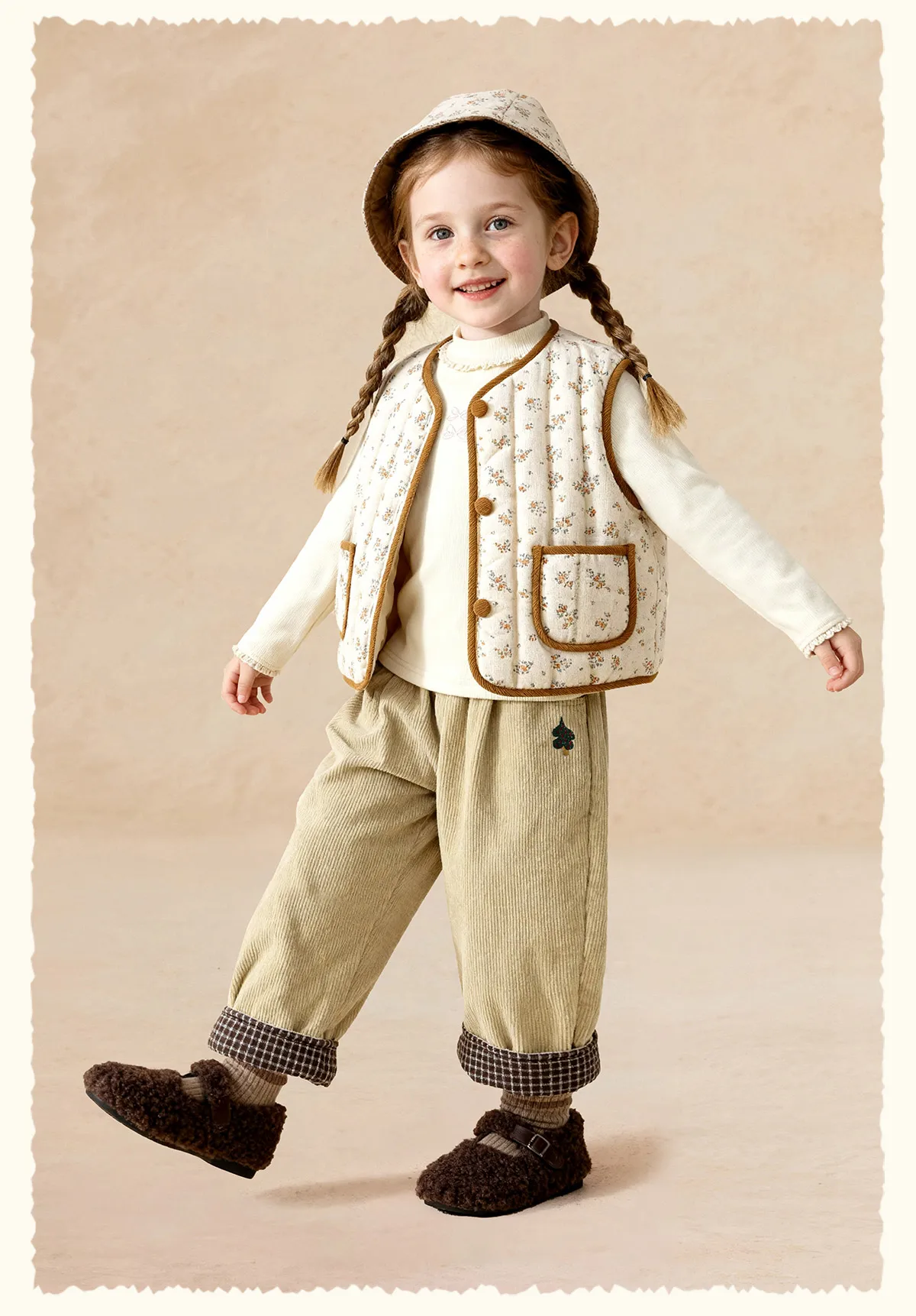 Amila Kids 2026 Children's Winter Loose Casual Pants Solid Color Fabric Inner Plaid Splicing Casual Retro Warmth