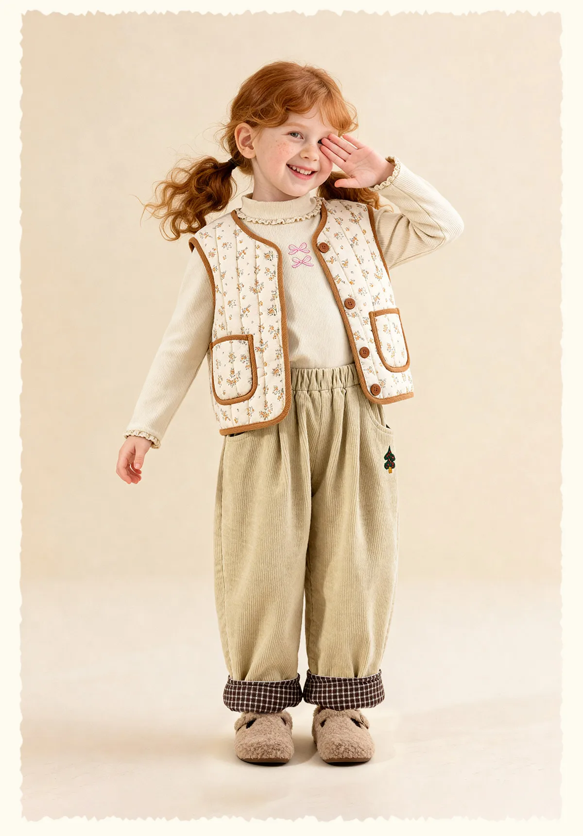 Amila Kids 2026 Children's Winter Loose Casual Pants Solid Color Fabric Inner Plaid Splicing Casual Retro Warmth