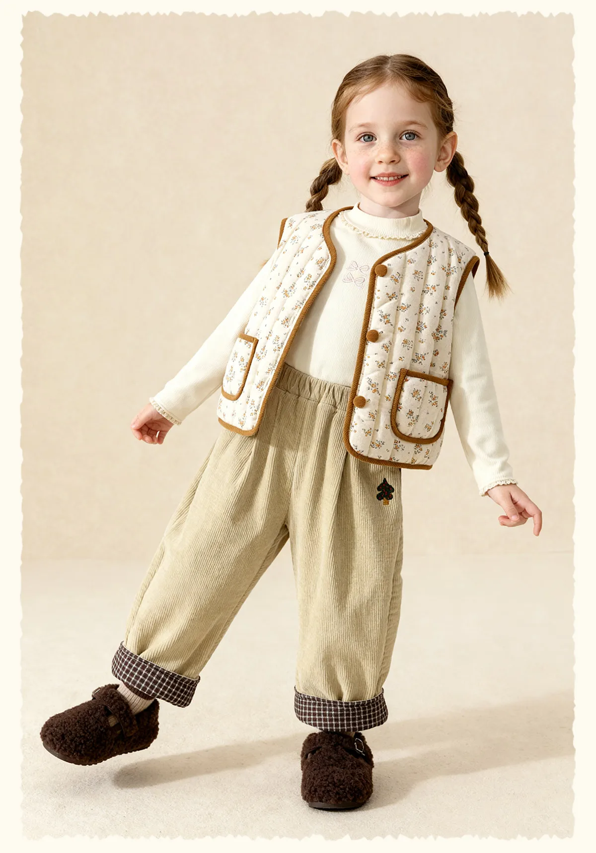 Amila Kids 2026 Children's Winter Loose Casual Pants Solid Color Fabric Inner Plaid Splicing Casual Retro Warmth