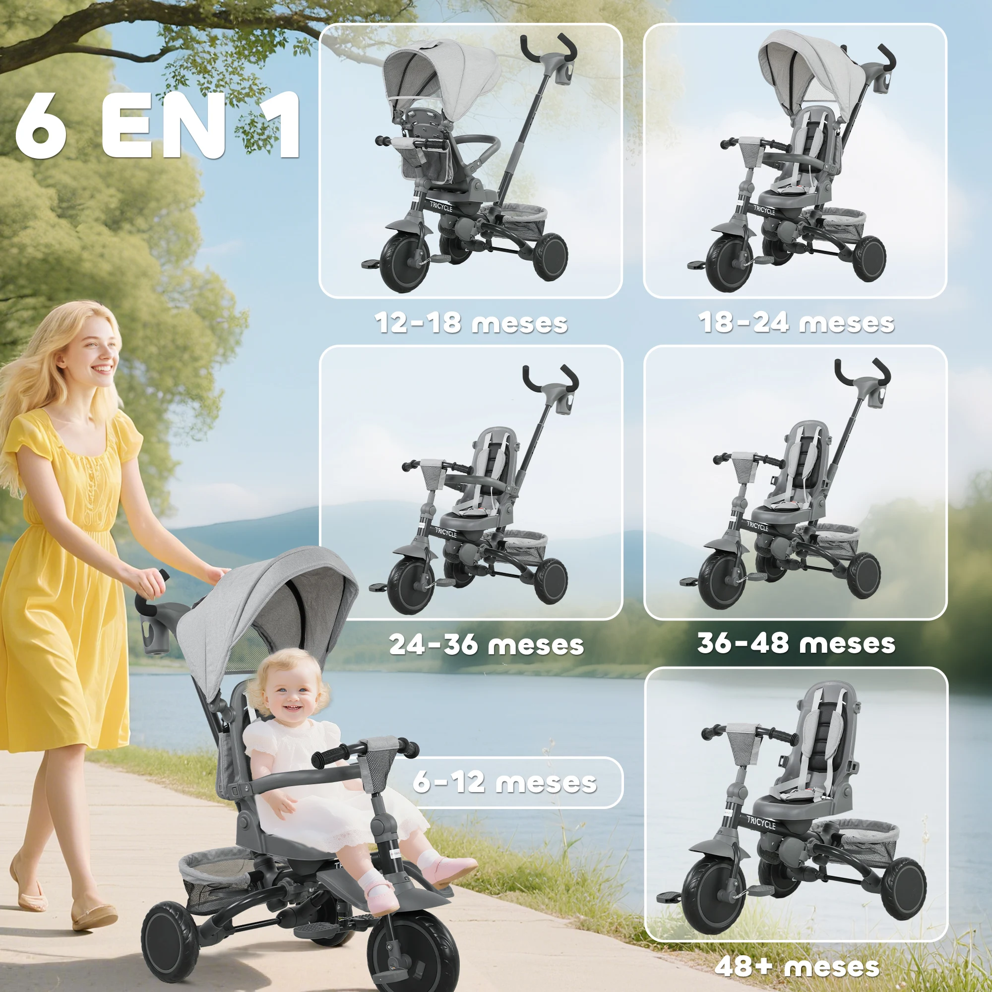 Aiyaplay 6 in 1 Foldable Evolutionary Tricycle for 1-5 Years Rotating Seat