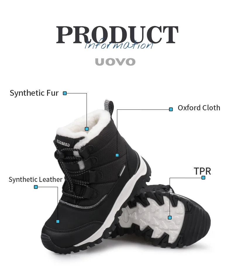 Uovo Kids Water-Resistant Black Boots, Plush Fleece Lining, Non-Slip Outsole, EU Sizes 31-39