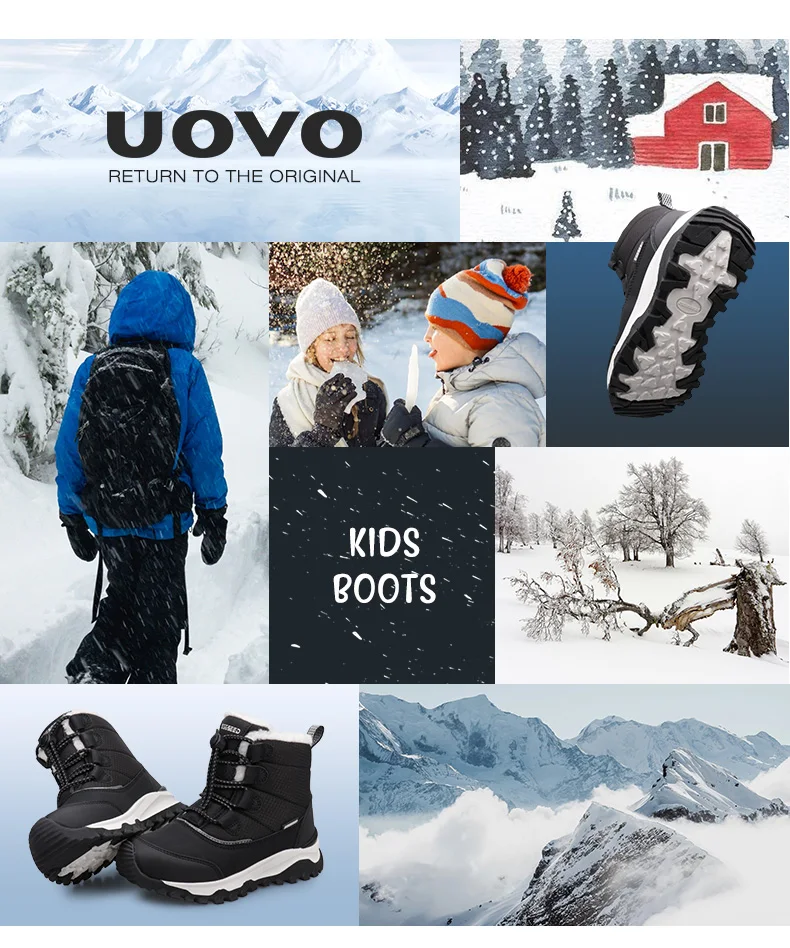 Uovo Kids Water-Resistant Black Boots, Plush Fleece Lining, Non-Slip Outsole, EU Sizes 31-39