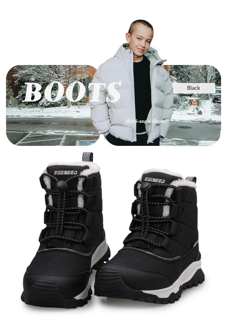 Uovo Kids Water-Resistant Black Boots, Plush Fleece Lining, Non-Slip Outsole, EU Sizes 31-39