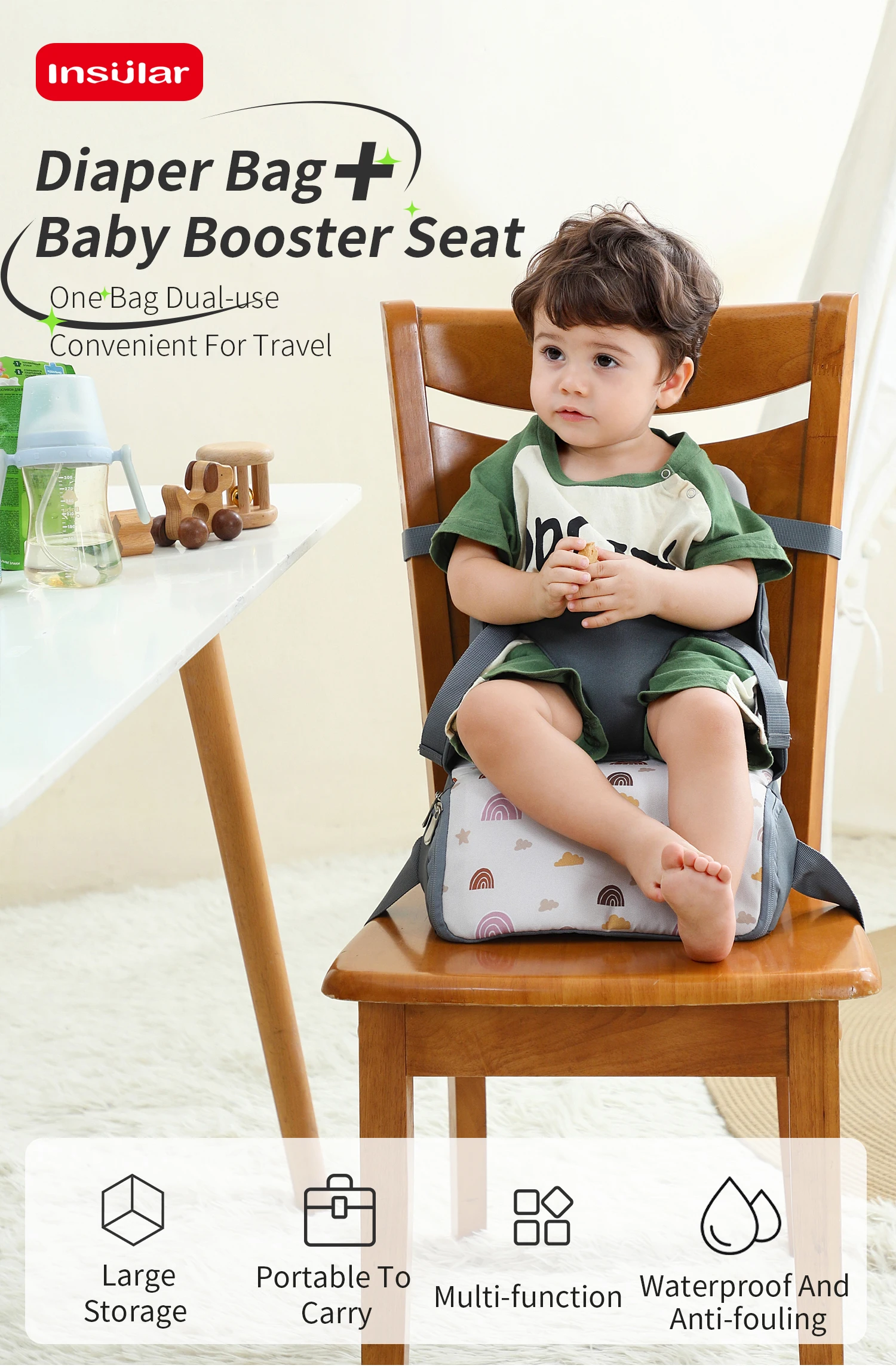 Fashion 2-IN-1 Seat Suit Multi-functional Anti-slip Booster Seat +Diaper Bag Portable Dining Chair Seat Cushion Convenient 1-3Y