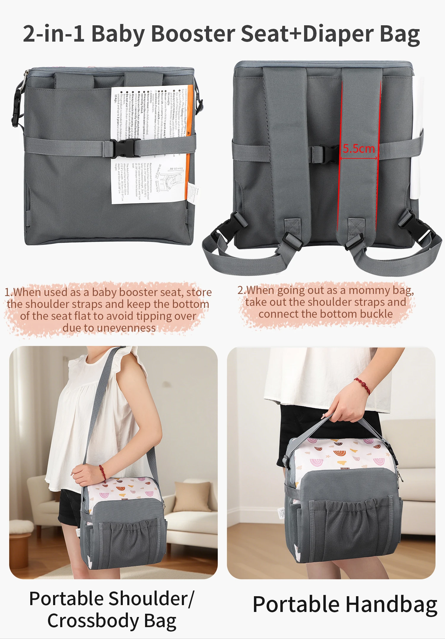 Fashion 2-IN-1 Seat Suit Multi-functional Anti-slip Booster Seat +Diaper Bag Portable Dining Chair Seat Cushion Convenient 1-3Y