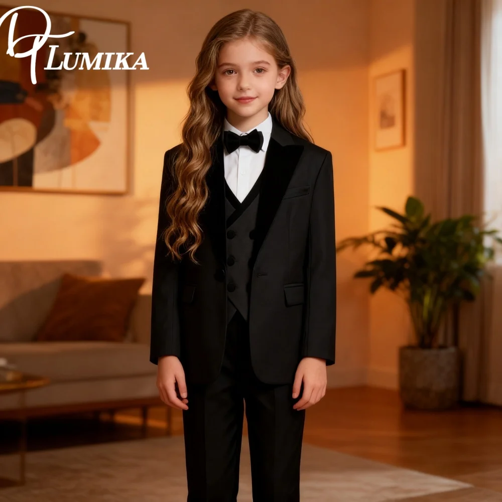 Fast Shipping Black Girls 4 Piece Tuxedo Set Blazer Vest Pants Stunning Kids Formal Outfit For Wedding Photo Shoot Party