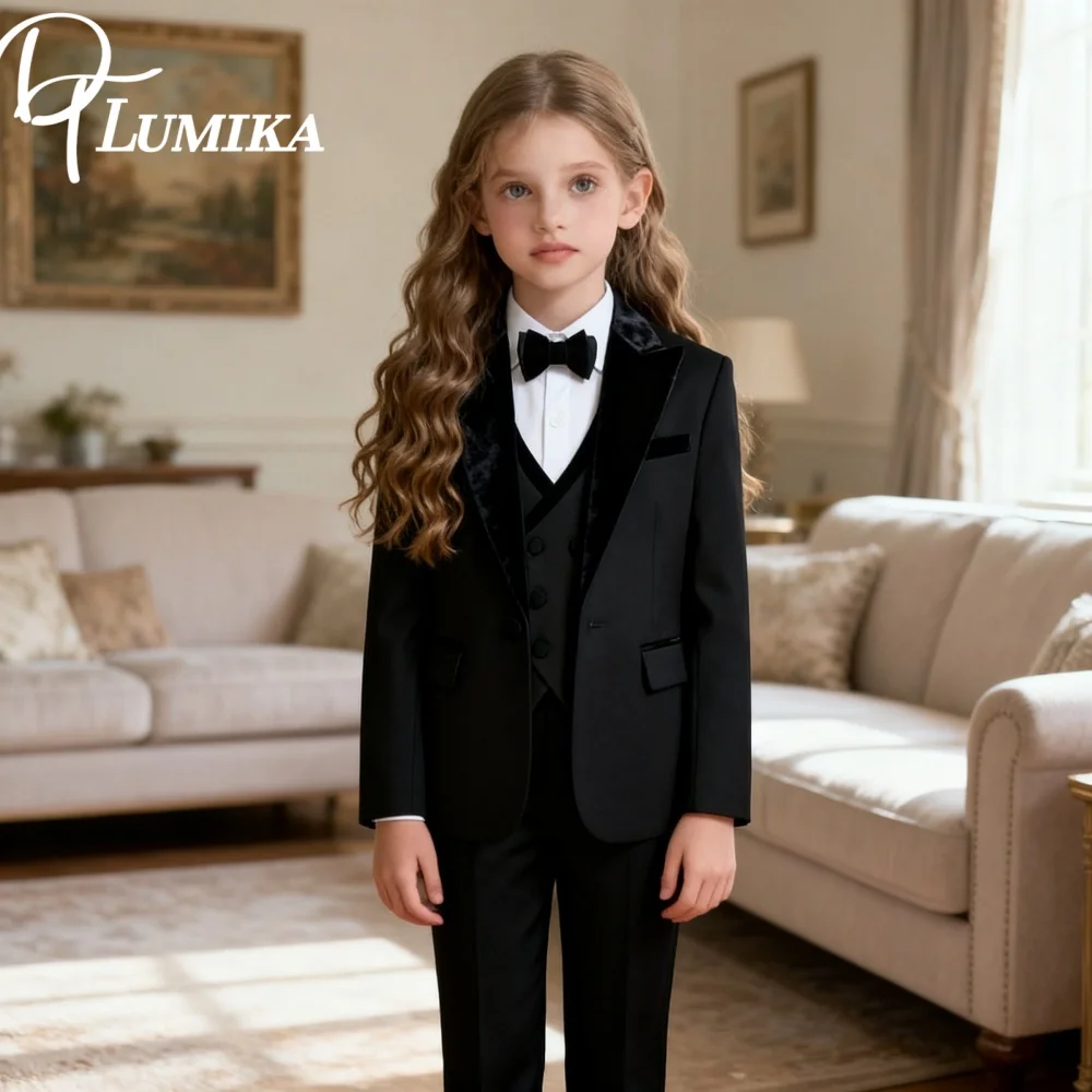 Fast Shipping Black Girls 4 Piece Tuxedo Set Blazer Vest Pants Stunning Kids Formal Outfit For Wedding Photo Shoot Party