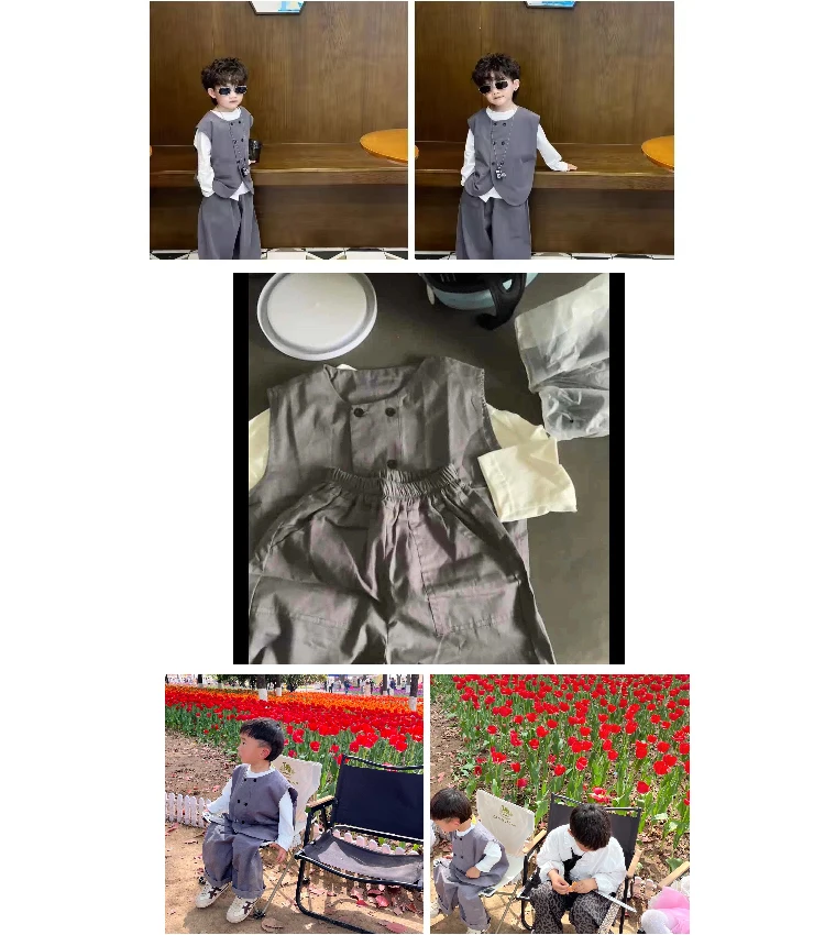 Autumn Fashion Baby Boys Waistcoat Gray Vest+Tshirts+Loose Pants 3pcs Children Set Casual Streetwear Handsome Suit