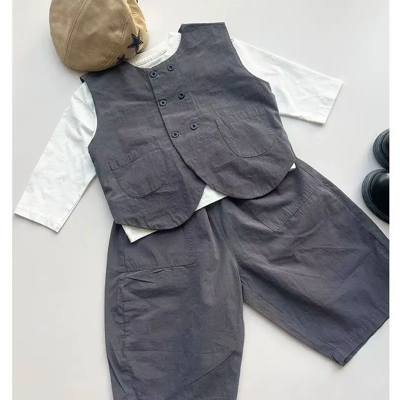 Autumn Fashion Baby Boys Waistcoat Gray Vest+Tshirts+Loose Pants 3pcs Children Set Casual Streetwear Handsome Suit