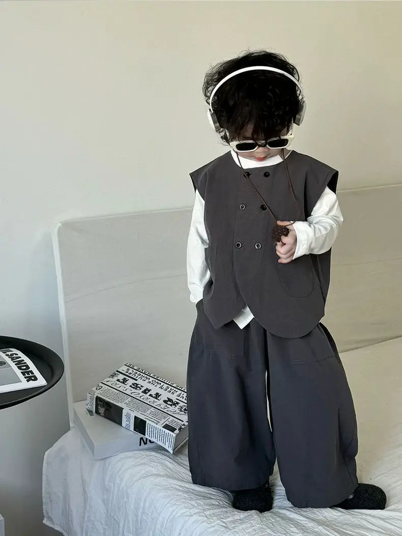 Autumn Fashion Baby Boys Waistcoat Gray Vest+Tshirts+Loose Pants 3pcs Children Set Casual Streetwear Handsome Suit