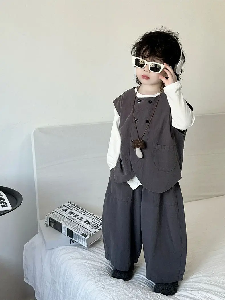Autumn Fashion Baby Boys Waistcoat Gray Vest+Tshirts+Loose Pants 3pcs Children Set Casual Streetwear Handsome Suit