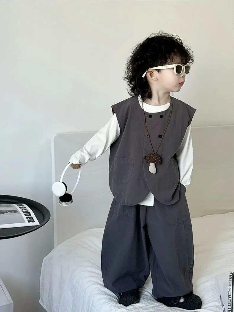 Autumn Fashion Baby Boys Waistcoat Gray Vest+Tshirts+Loose Pants 3pcs Children Set Casual Streetwear Handsome Suit