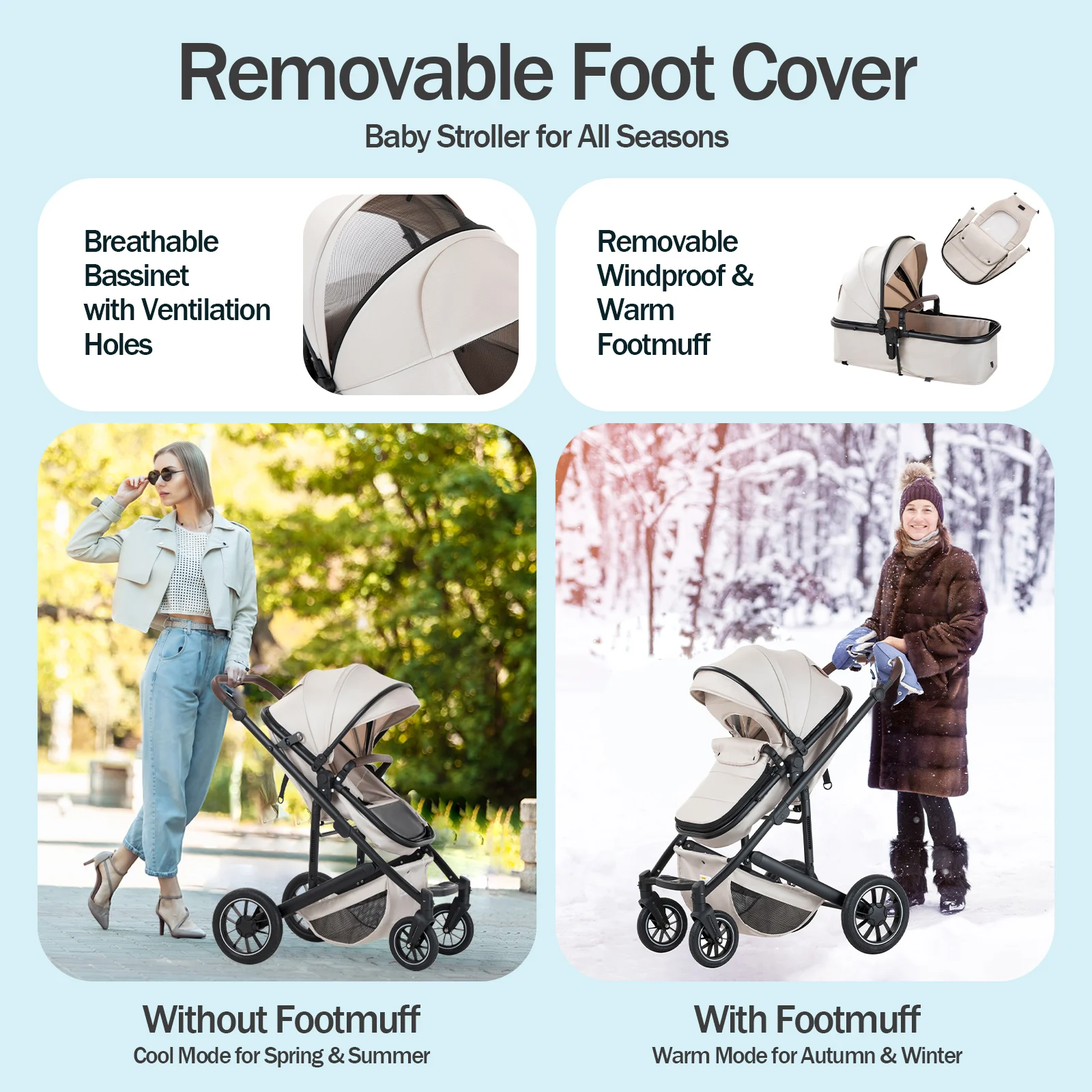 3 in 1 Baby Stroller High Landscape Foldable Pushchair Reclining Seat for Newborn to Toddler Travel System Bassinet Car Seat