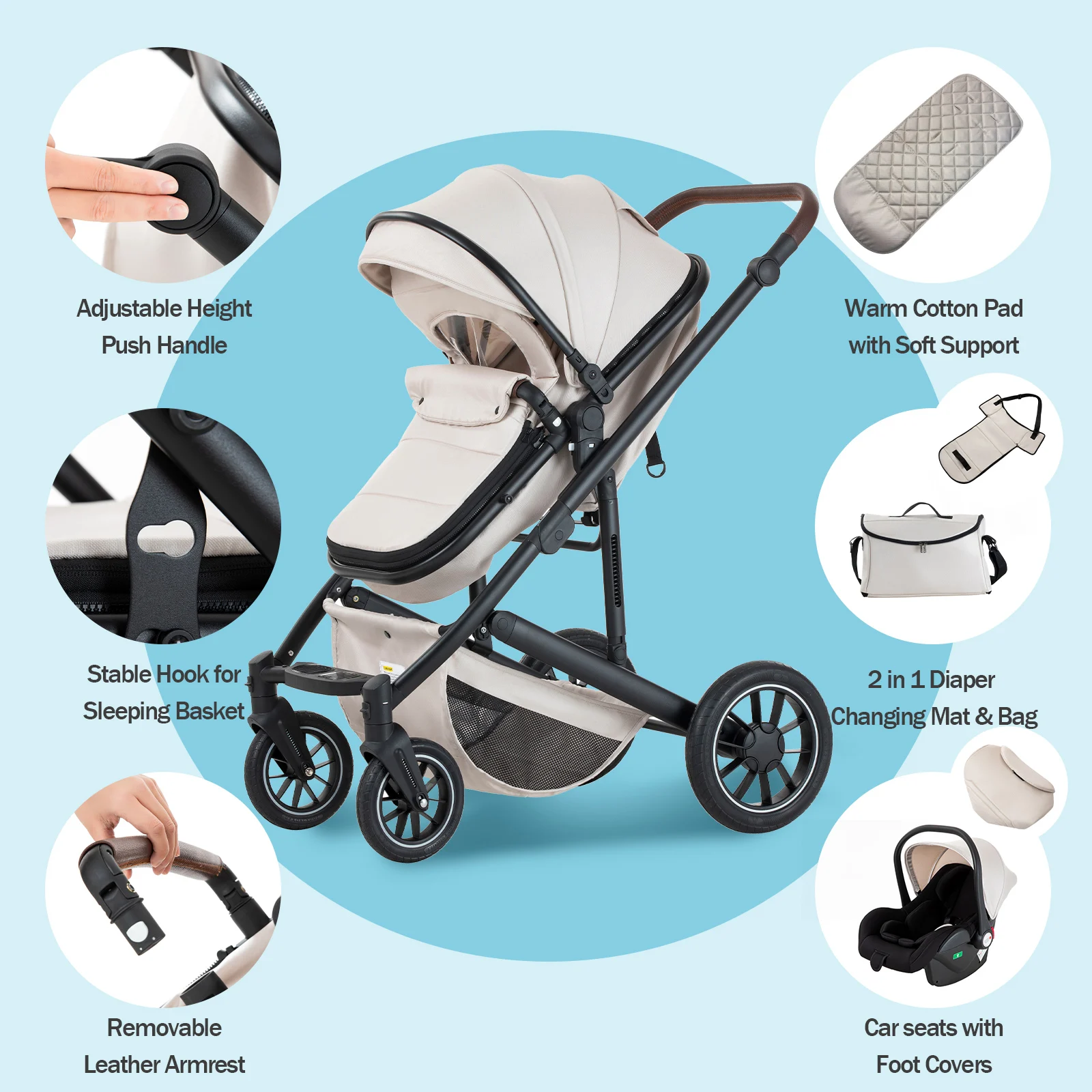 3 in 1 Baby Stroller High Landscape Foldable Pushchair Reclining Seat for Newborn to Toddler Travel System Bassinet Car Seat