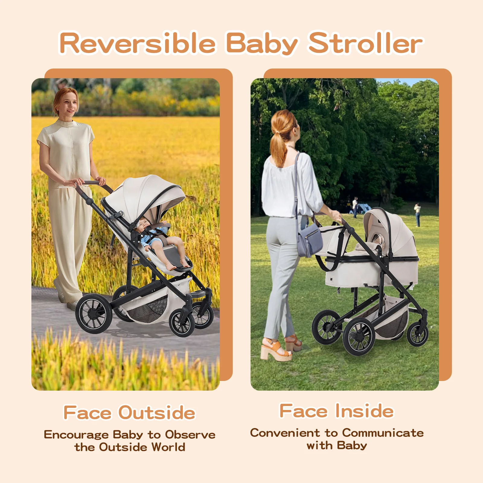 3 in 1 Baby Stroller High Landscape Foldable Pushchair Reclining Seat for Newborn to Toddler Travel System Bassinet Car Seat