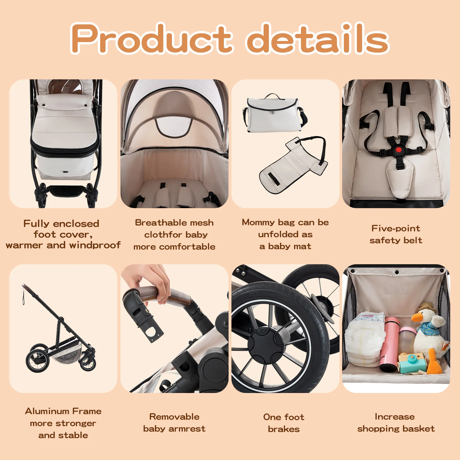 3 in 1 Baby Stroller High Landscape Foldable Pushchair Reclining Seat for Newborn to Toddler Travel System Bassinet Car Seat