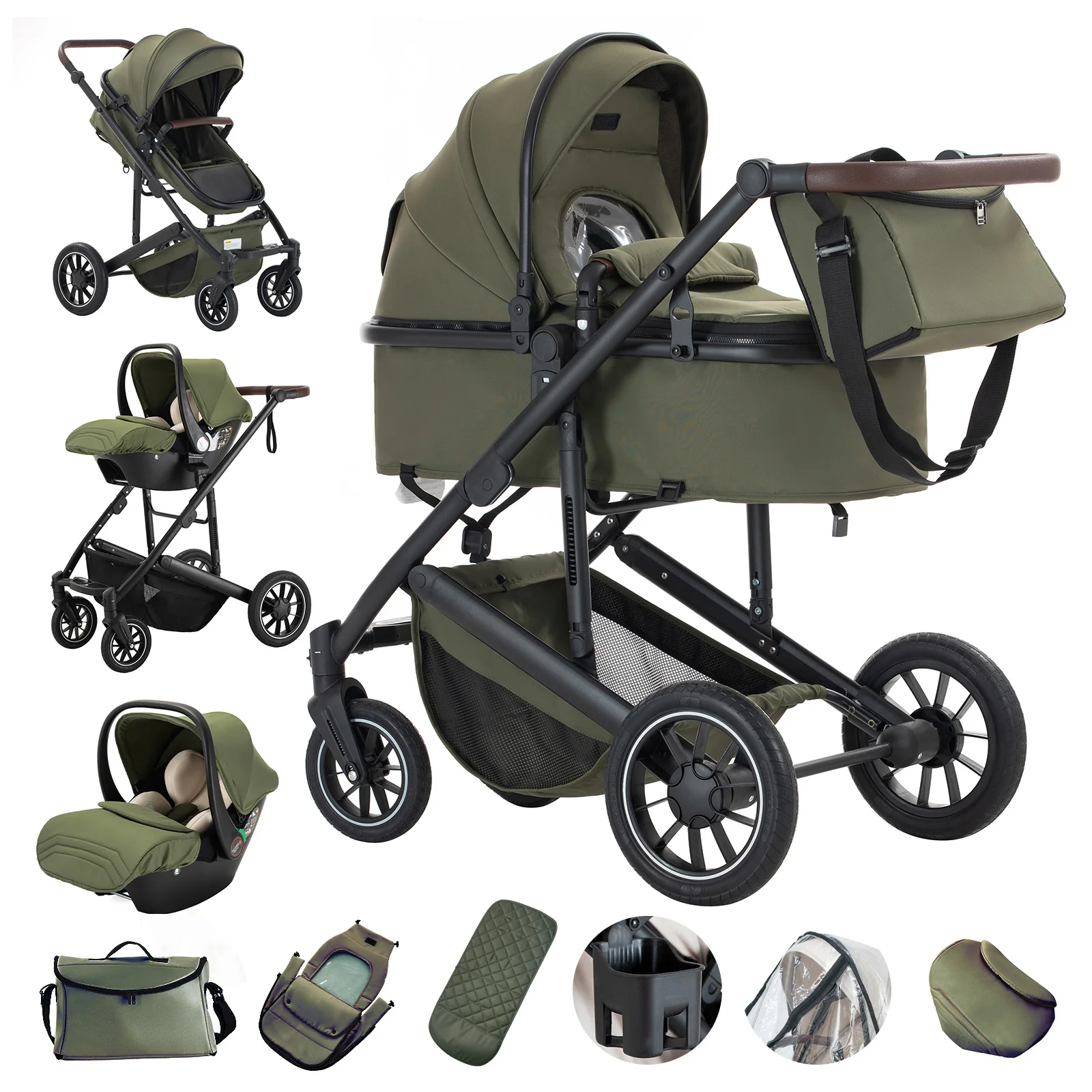 3 in 1 Baby Stroller High Landscape Foldable Pushchair Reclining Seat for Newborn to Toddler Travel System Bassinet Car Seat