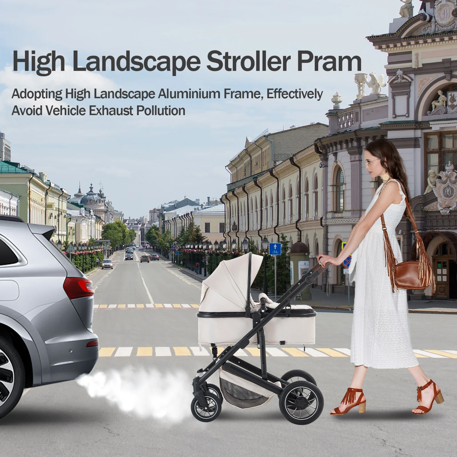 3 in 1 Baby Stroller High Landscape Foldable Pushchair Reclining Seat for Newborn to Toddler Travel System Bassinet Car Seat