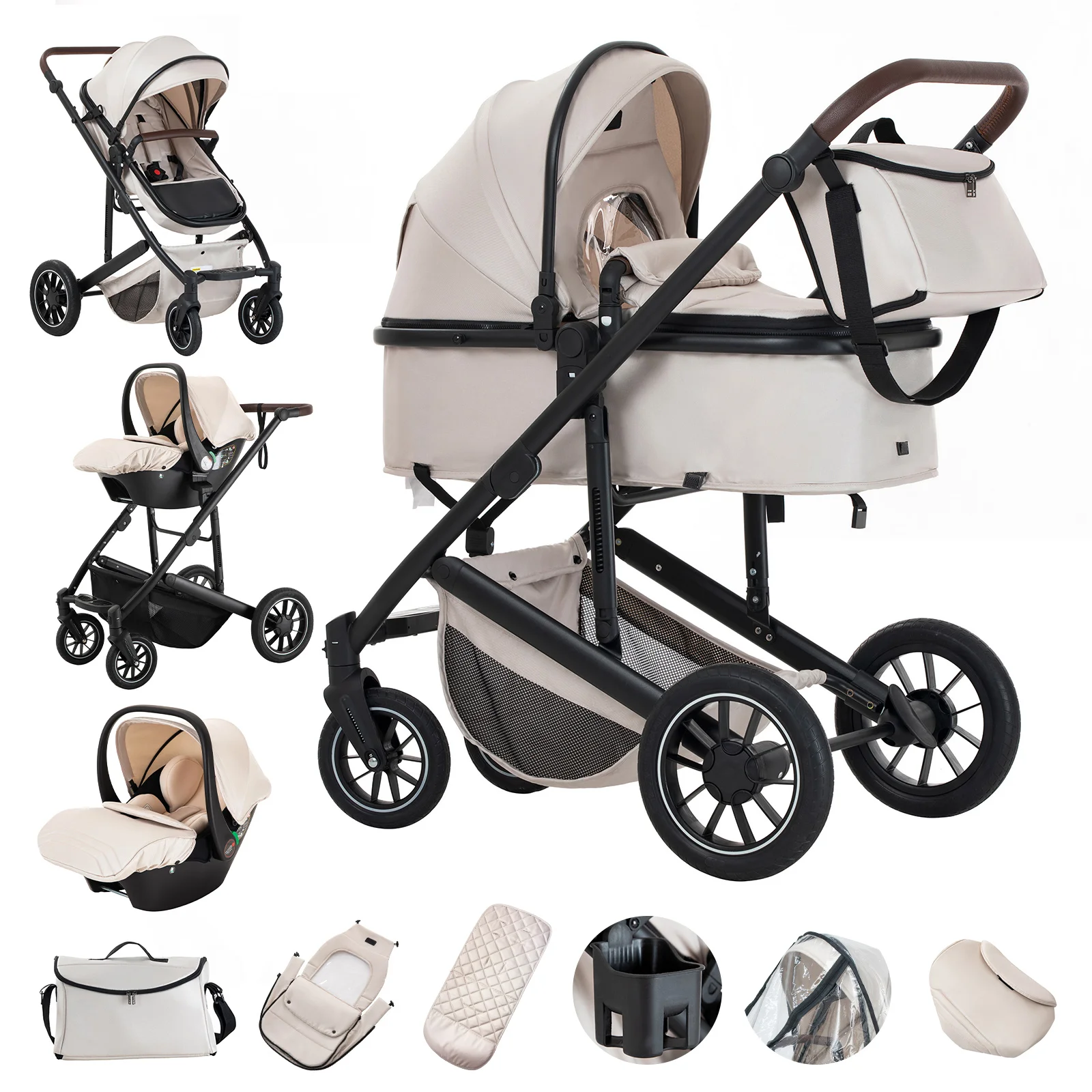 3 in 1 Baby Stroller High Landscape Foldable Pushchair Reclining Seat for Newborn to Toddler Travel System Bassinet Car Seat