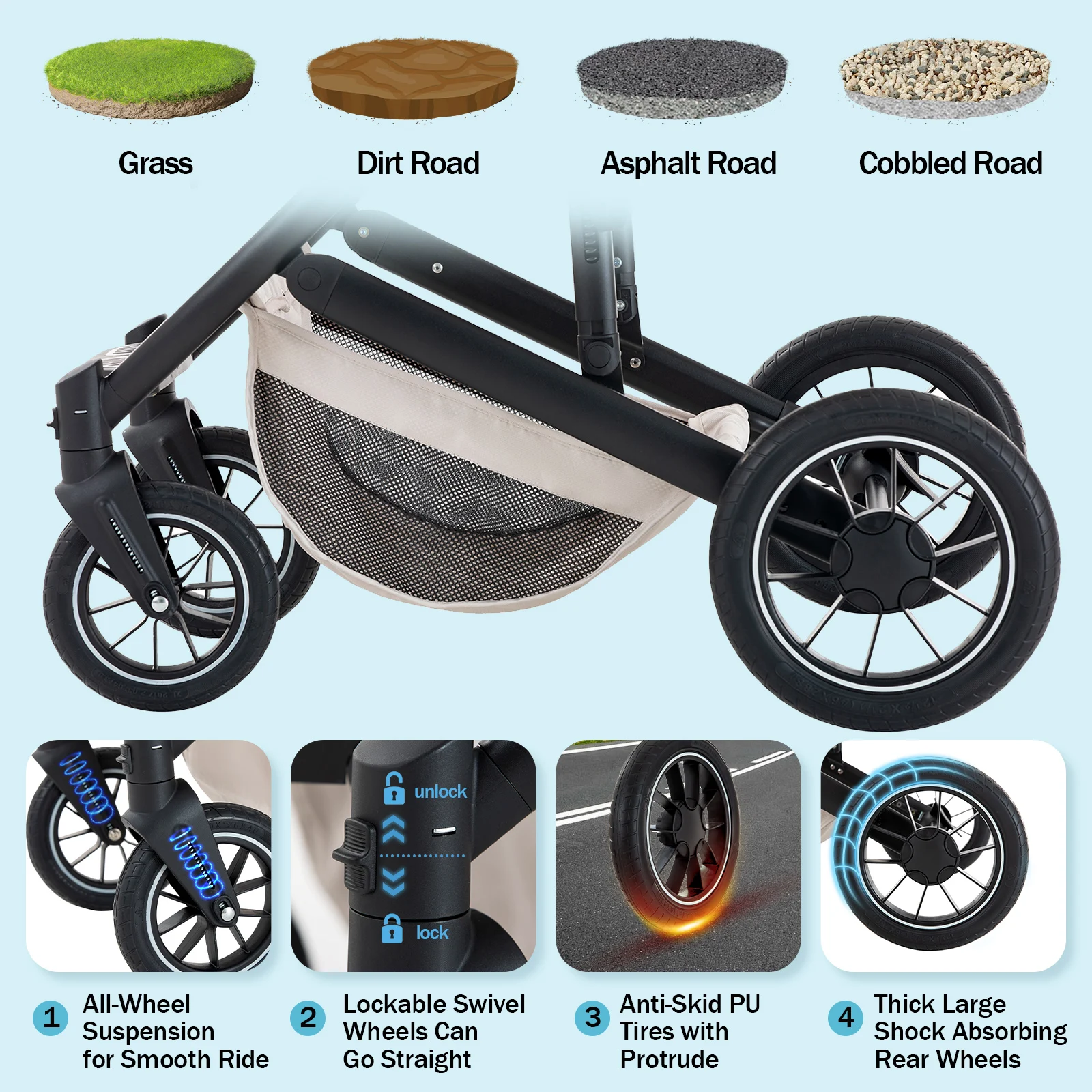 3 in 1 Baby Stroller High Landscape Foldable Pushchair Reclining Seat for Newborn to Toddler Travel System Bassinet Car Seat