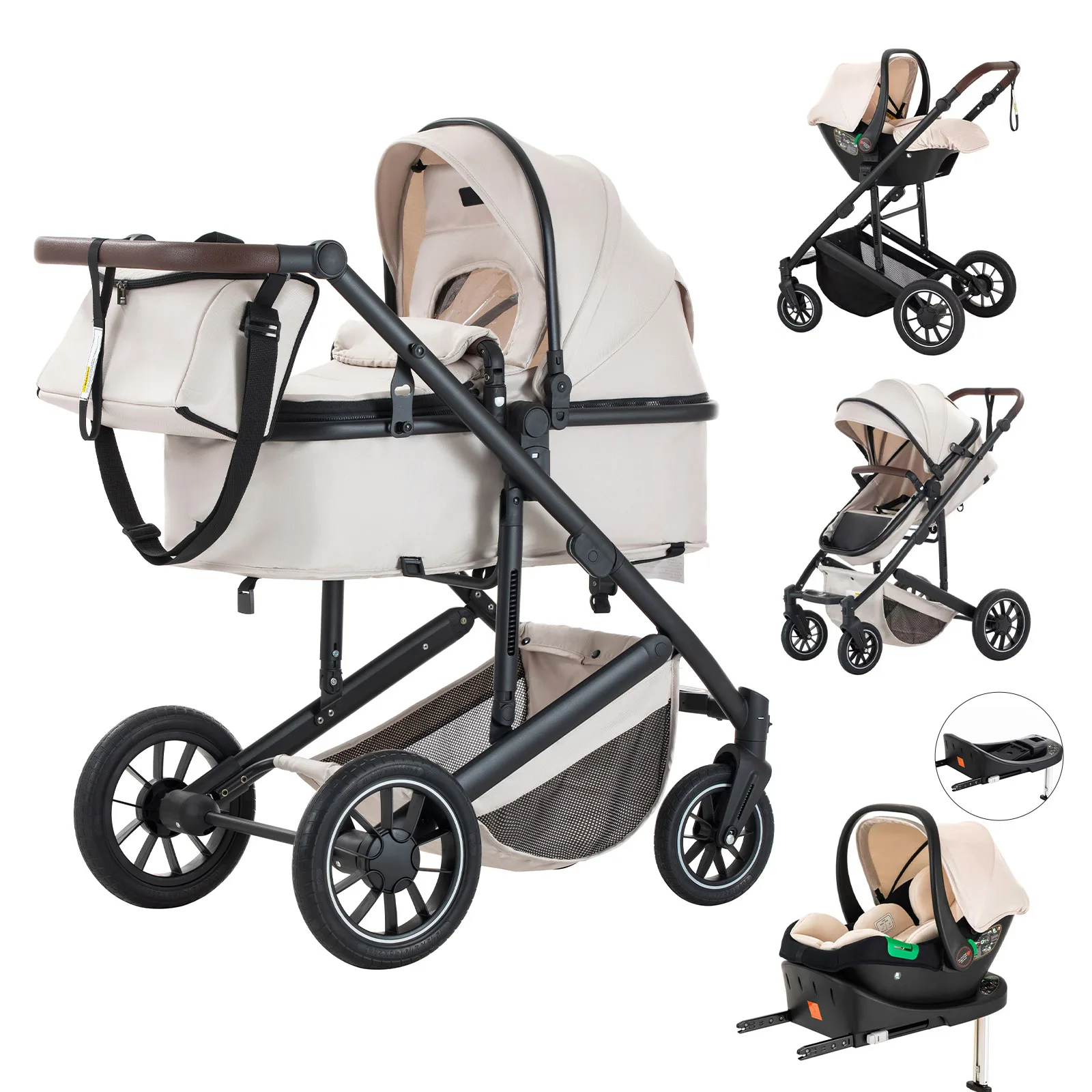 3 in 1 Baby Stroller High Landscape Foldable Pushchair Reclining Seat for Newborn to Toddler Travel System Bassinet Car Seat