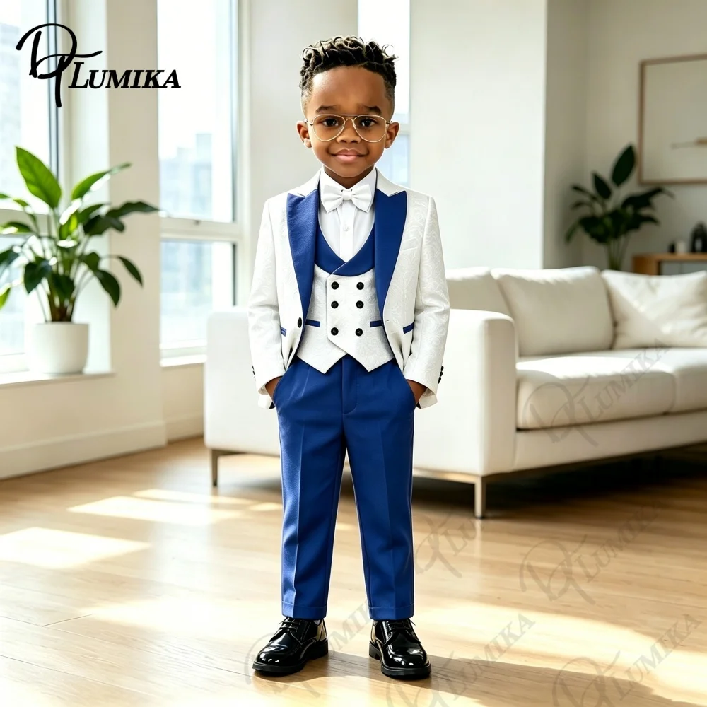 Luxurious Jacquard Boys Suit 4Pcs Royal Blue Lapel Vest Pants Bowtie Elegant Formal Tuxedo For Wedding Page Boy Birthday Party