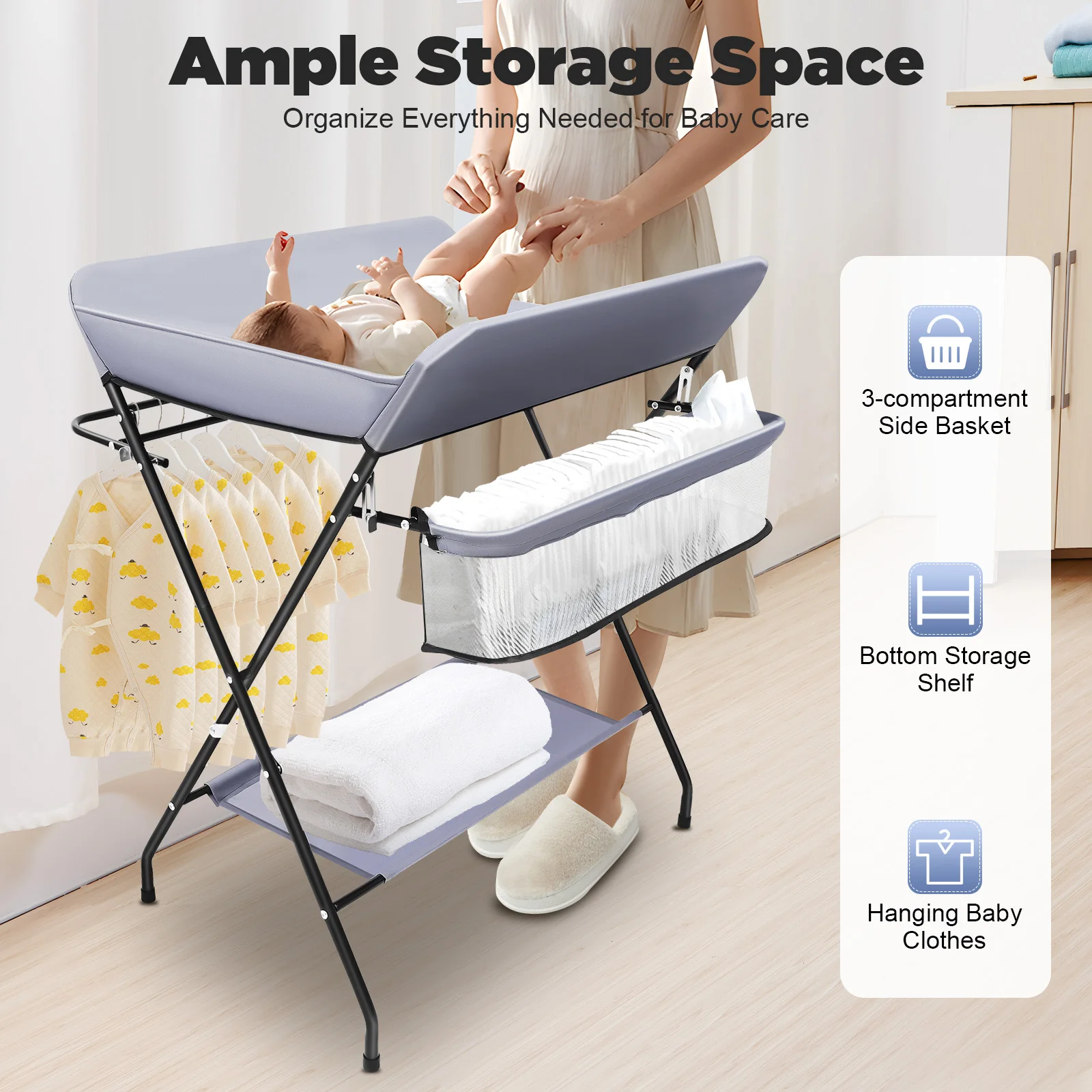 Baby Changing Table,3in1 Changing Mat Nursery Changing Station Foldable Nursery Changing Table Bath Mat w/Unit Storage Bags