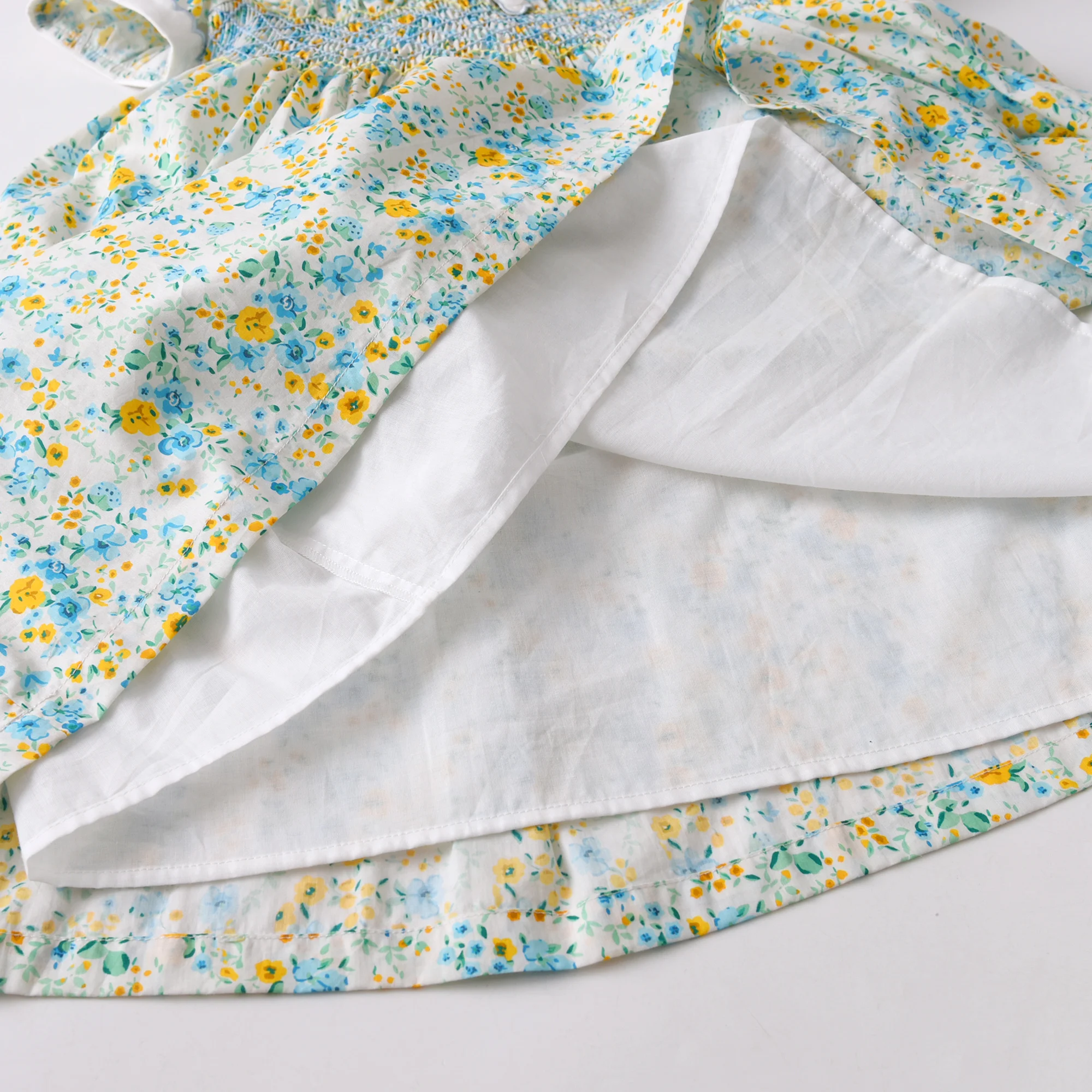 Vintage Floral Hand Smocked Short Sleeve Girl Dress Peter Pan Collar Fashion Kids Girls Dresses Summer Clothing For Baby 2026