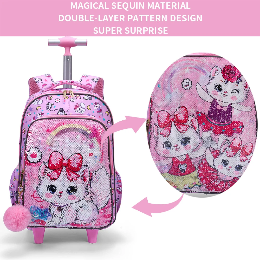 3PCS Kids Travel Bag, Luggage Bag, Bookbag with Wheels, Lunch Box and Pen Bag, Pink Cat Sequin, Nighttime Reflective