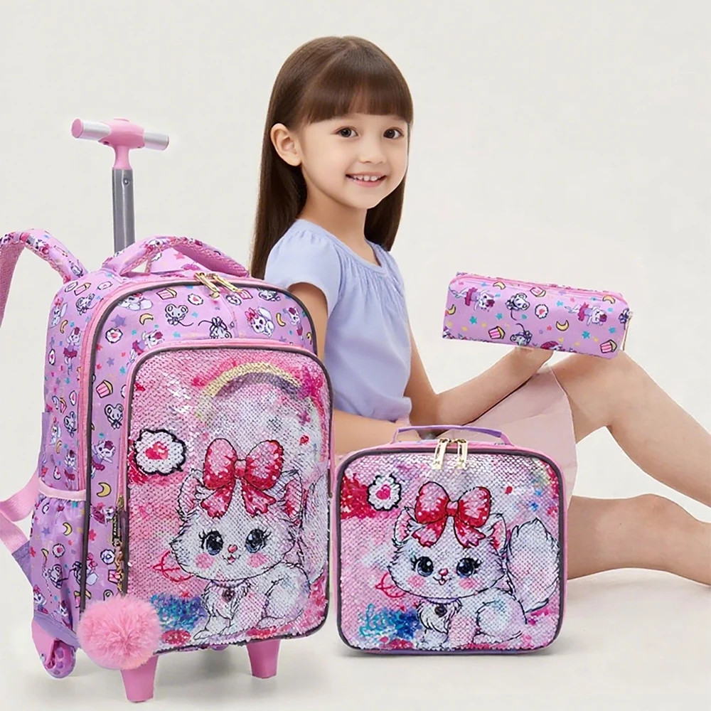 3PCS Kids Travel Bag, Luggage Bag, Bookbag with Wheels, Lunch Box and Pen Bag, Pink Cat Sequin, Nighttime Reflective