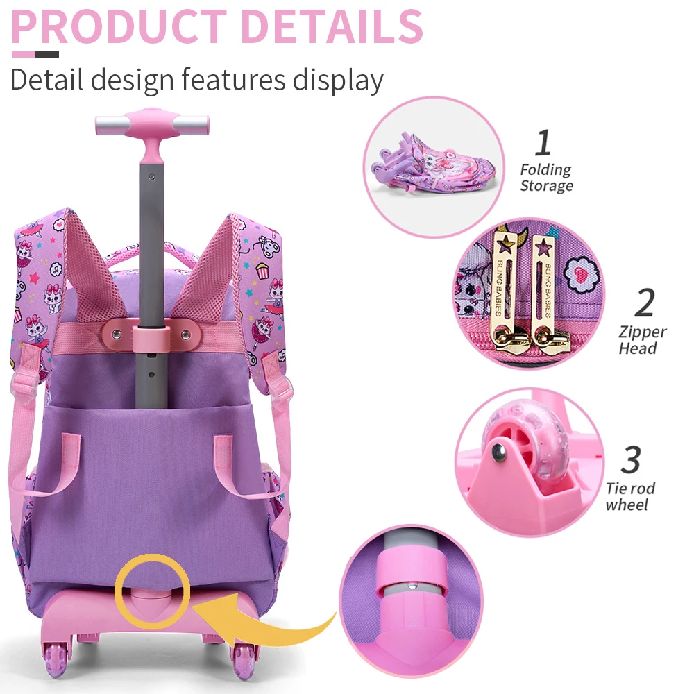 3PCS Kids Travel Bag, Luggage Bag, Bookbag with Wheels, Lunch Box and Pen Bag, Pink Cat Sequin, Nighttime Reflective
