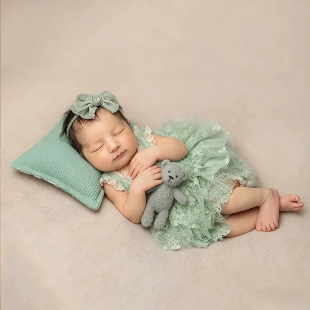 Sage Green Baby Photography Props Newborn Girl Lace Romper Infant Photoshoot Outfits Vintage Studio Posing Clothes Dress