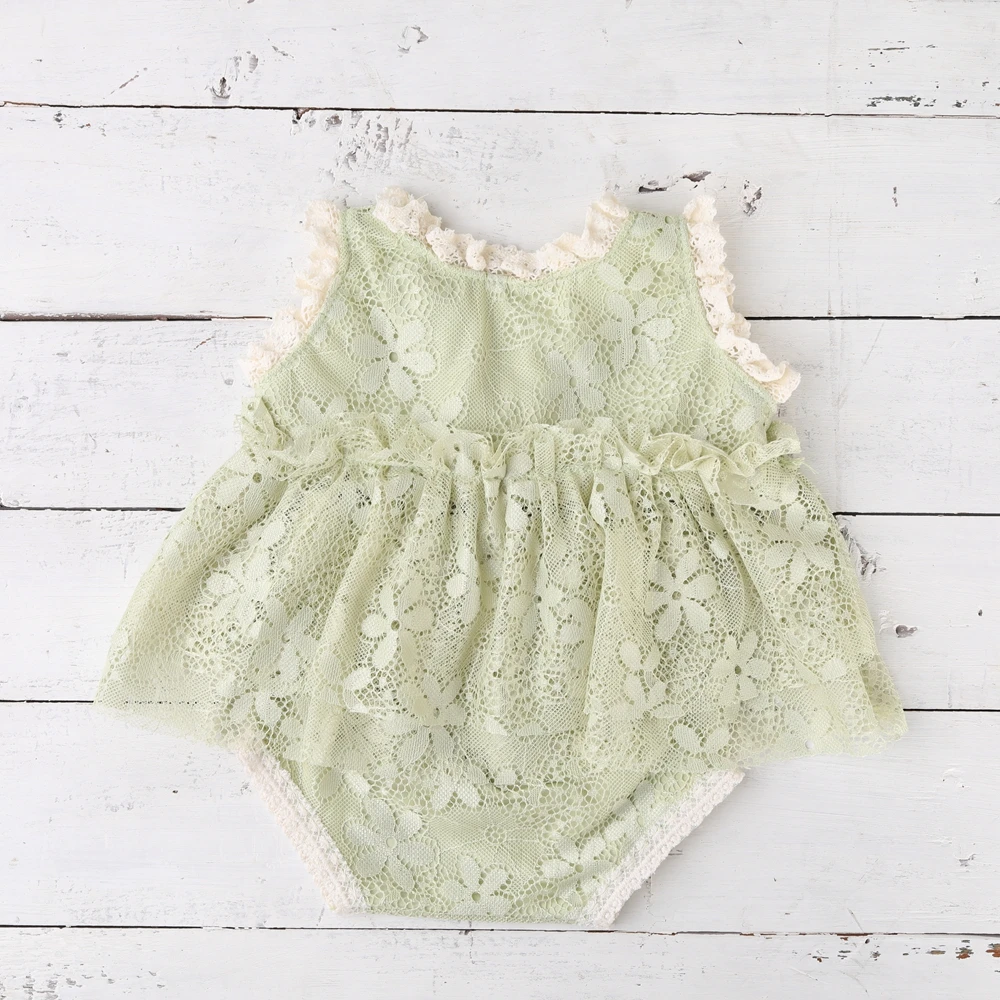 Sage Green Baby Photography Props Newborn Girl Lace Romper Infant Photoshoot Outfits Vintage Studio Posing Clothes Dress