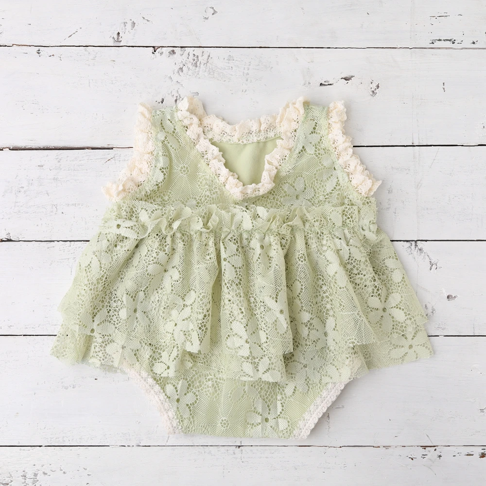 Sage Green Baby Photography Props Newborn Girl Lace Romper Infant Photoshoot Outfits Vintage Studio Posing Clothes Dress