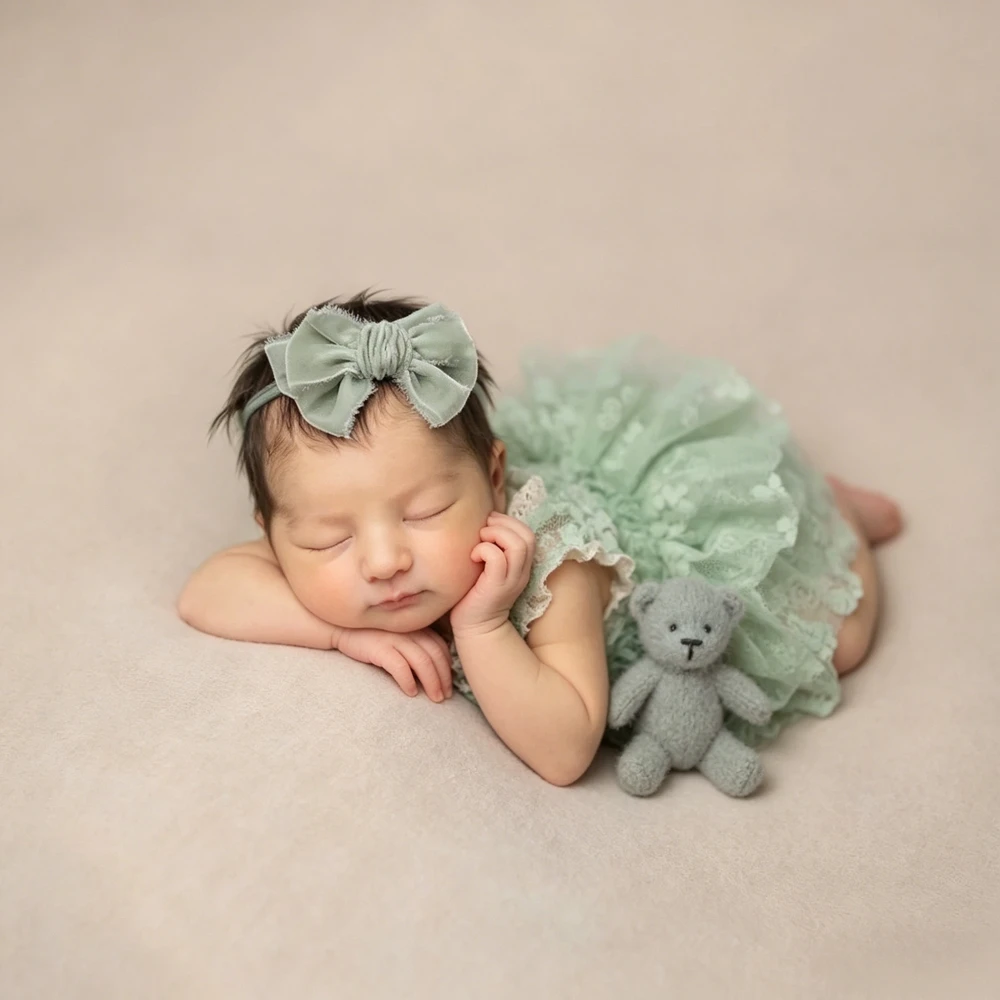 Sage Green Baby Photography Props Newborn Girl Lace Romper Infant Photoshoot Outfits Vintage Studio Posing Clothes Dress