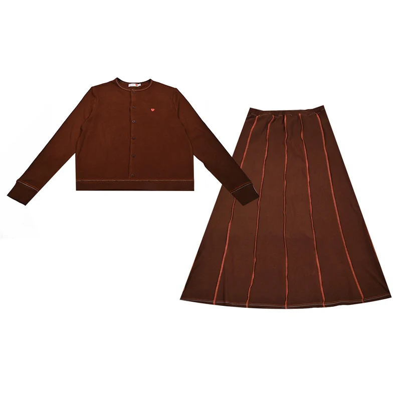 XS-3XL Women Long Sleeve Cardigan and Maxi Skirt Casual Set Knit Outfit Colored Stitches Front Button Placket and Fake Buttons