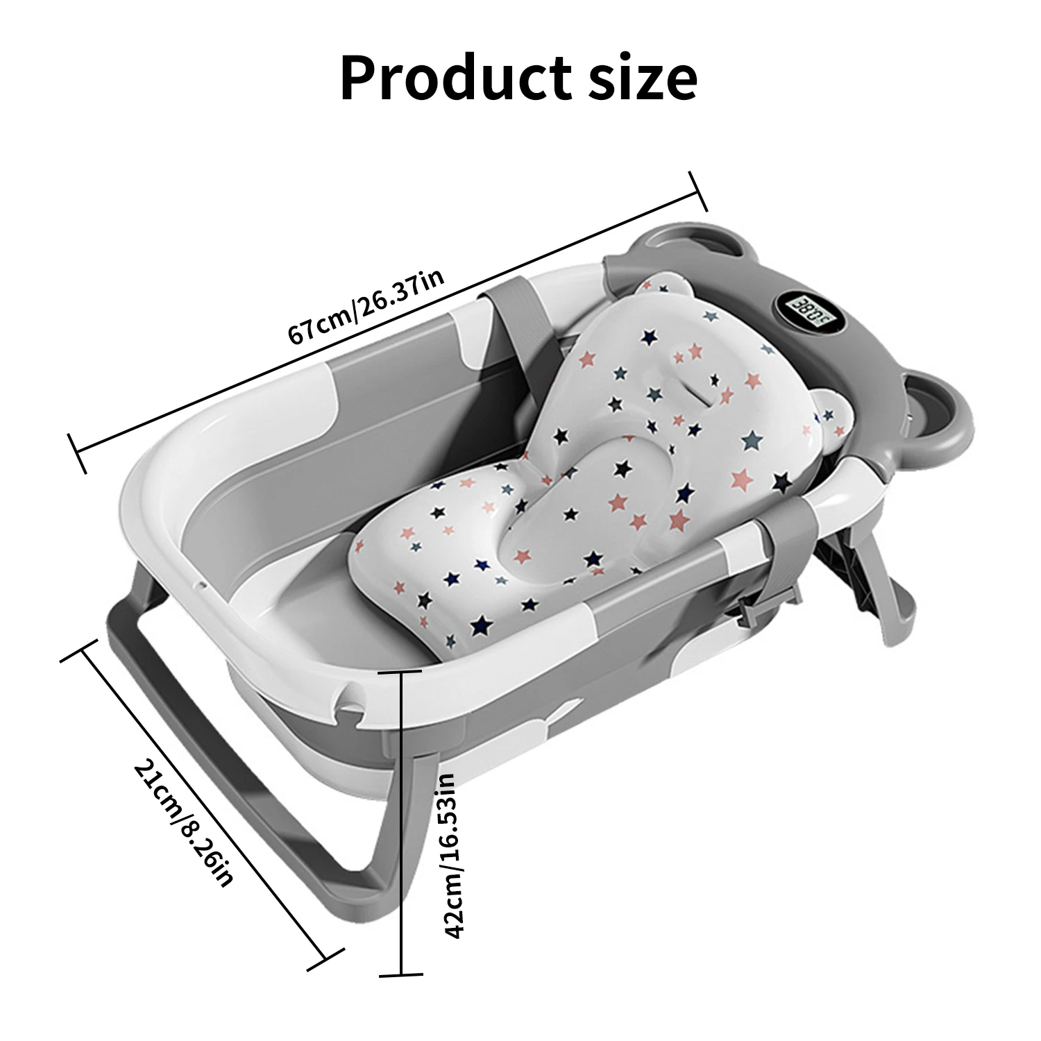 Foldable Baby Bathtub with Thermometer Non-Slip Bath Mat Cushion Support Portable Newborn Shower Tub for 0-15M Travel Bath Pool