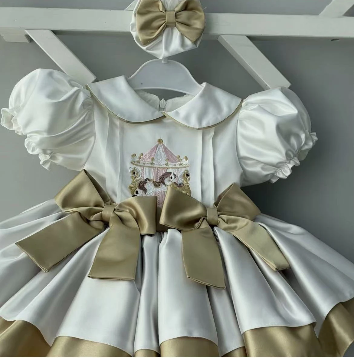 0-12Y Baby Girl Summer Beige Carousel Embroidery Vintage Princess Dress for Birthday Photography Holiday Eid B564