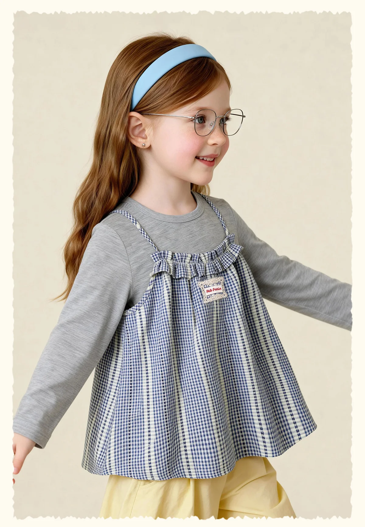 Amila Spring Girls' Strap Long Sleeve Two Piece Round Neck Long Shirt With Lotus Leaf Collar Strap Sweet And Cute Fashion Top