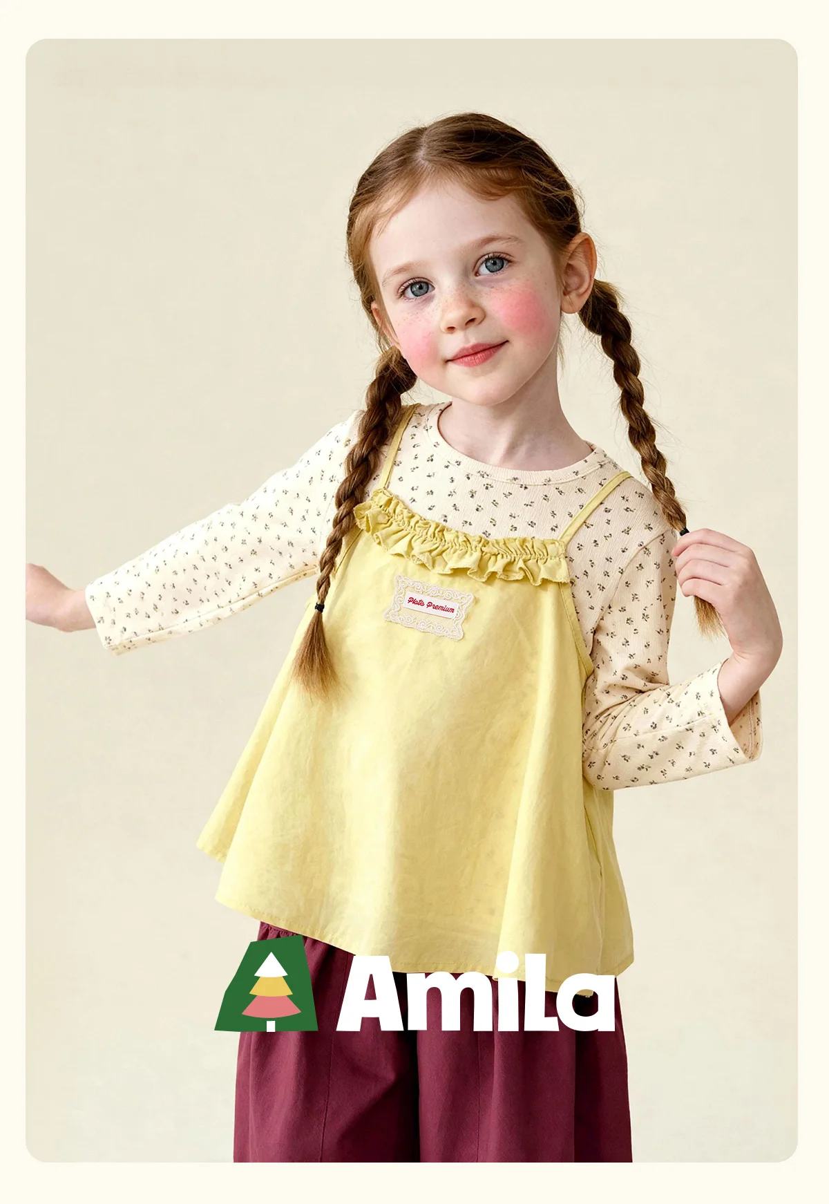 Amila Spring Girls' Strap Long Sleeve Two Piece Round Neck Long Shirt With Lotus Leaf Collar Strap Sweet And Cute Fashion Top