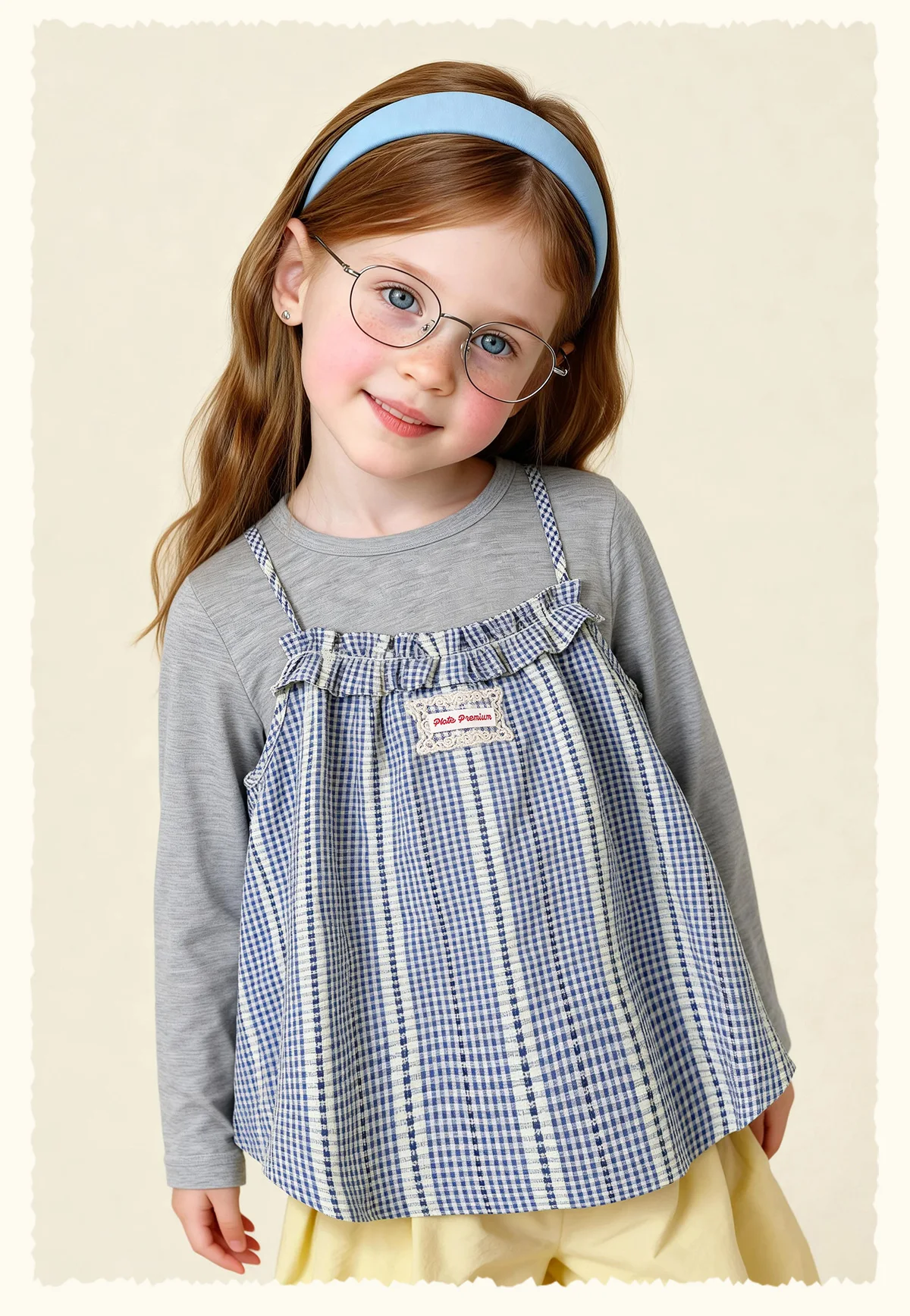 Amila Spring Girls' Strap Long Sleeve Two Piece Round Neck Long Shirt With Lotus Leaf Collar Strap Sweet And Cute Fashion Top