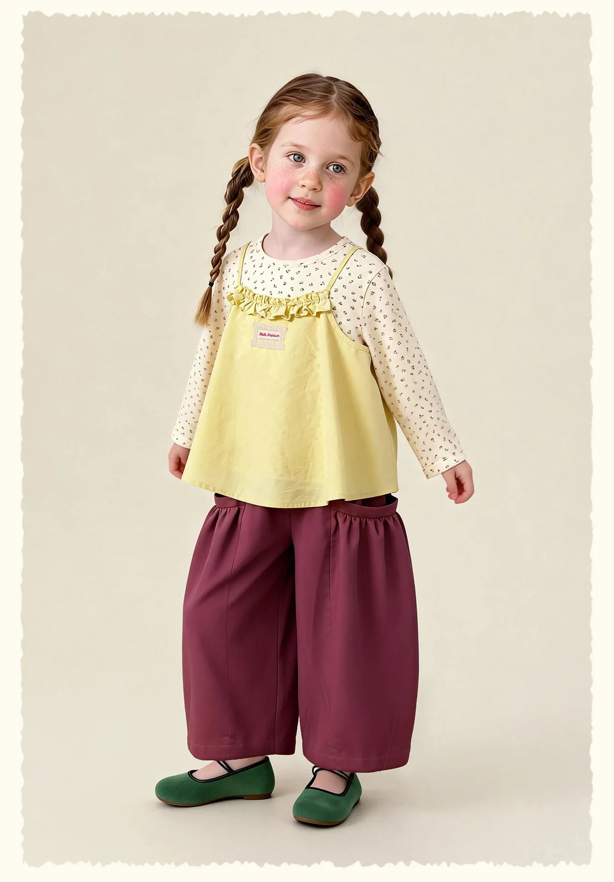 Amila Spring Girls' Strap Long Sleeve Two Piece Round Neck Long Shirt With Lotus Leaf Collar Strap Sweet And Cute Fashion Top