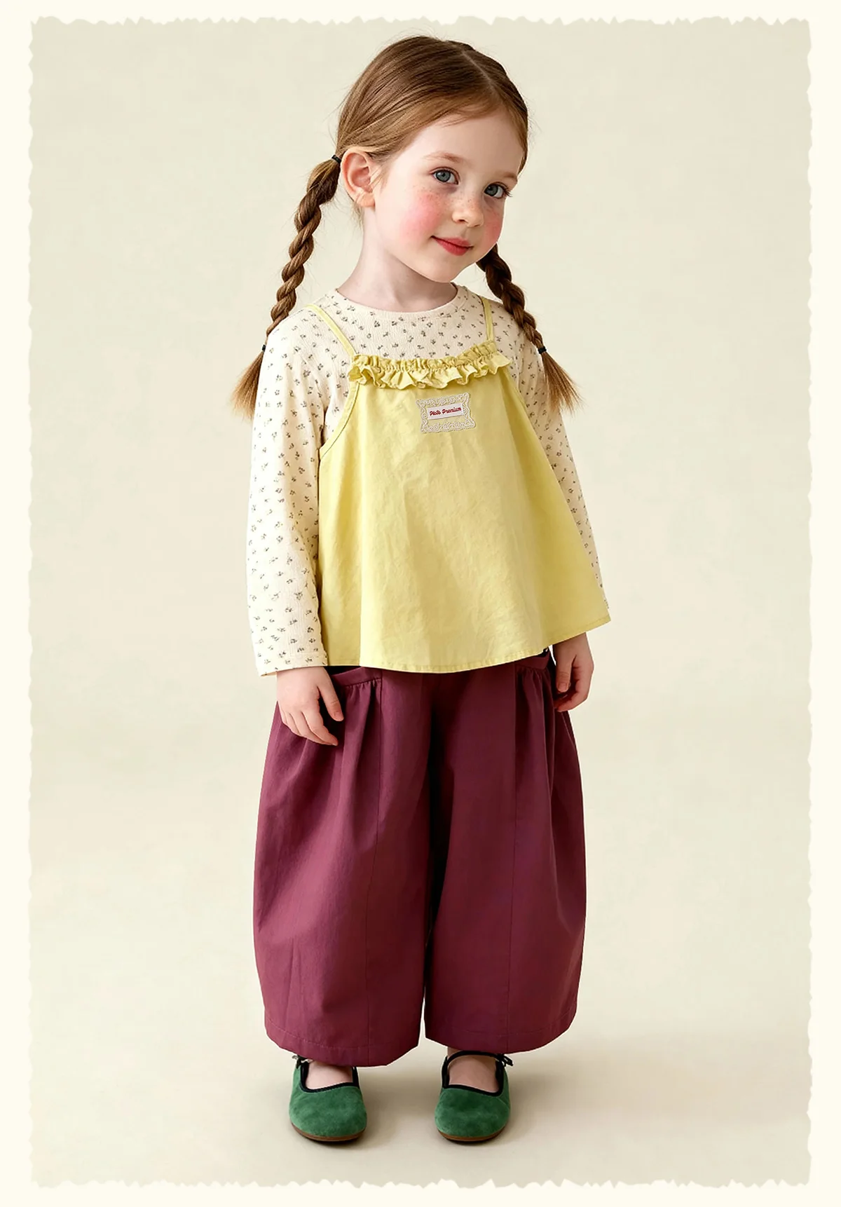 Amila Spring Girls' Strap Long Sleeve Two Piece Round Neck Long Shirt With Lotus Leaf Collar Strap Sweet And Cute Fashion Top