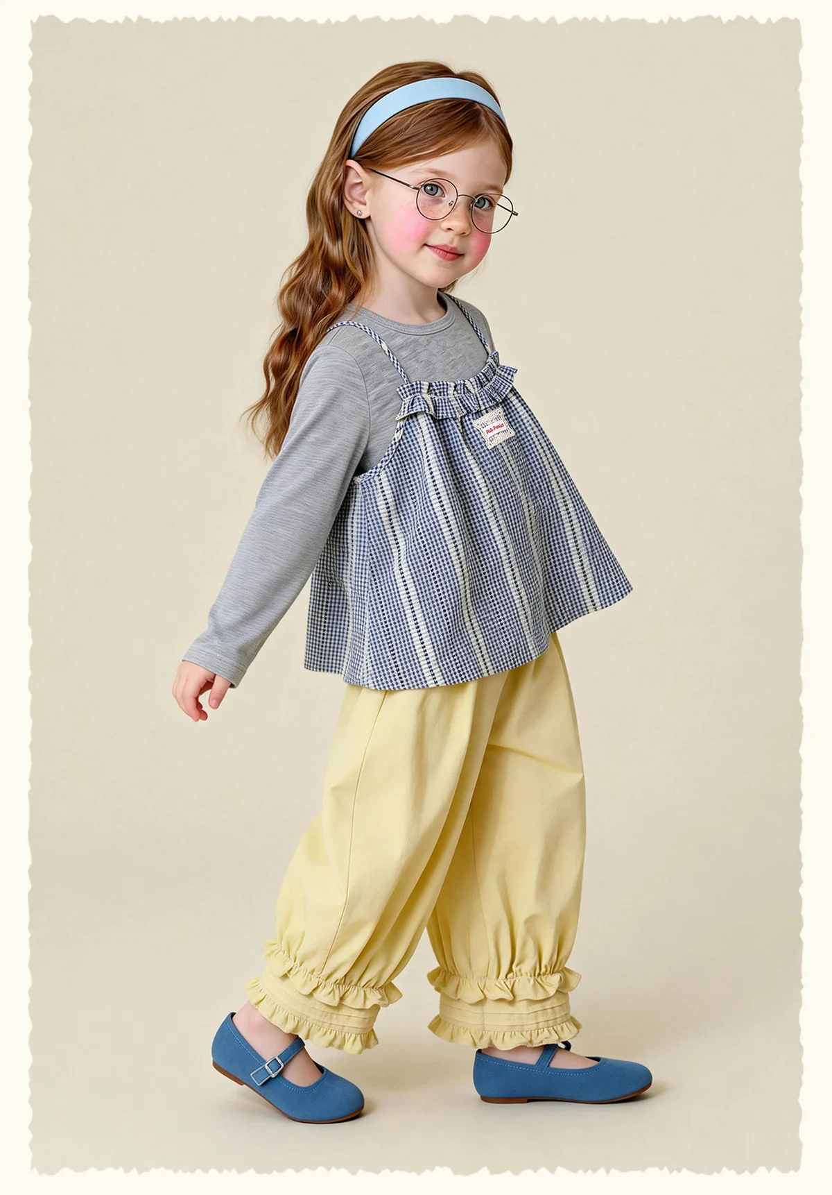 Amila Spring Girls' Strap Long Sleeve Two Piece Round Neck Long Shirt With Lotus Leaf Collar Strap Sweet And Cute Fashion Top