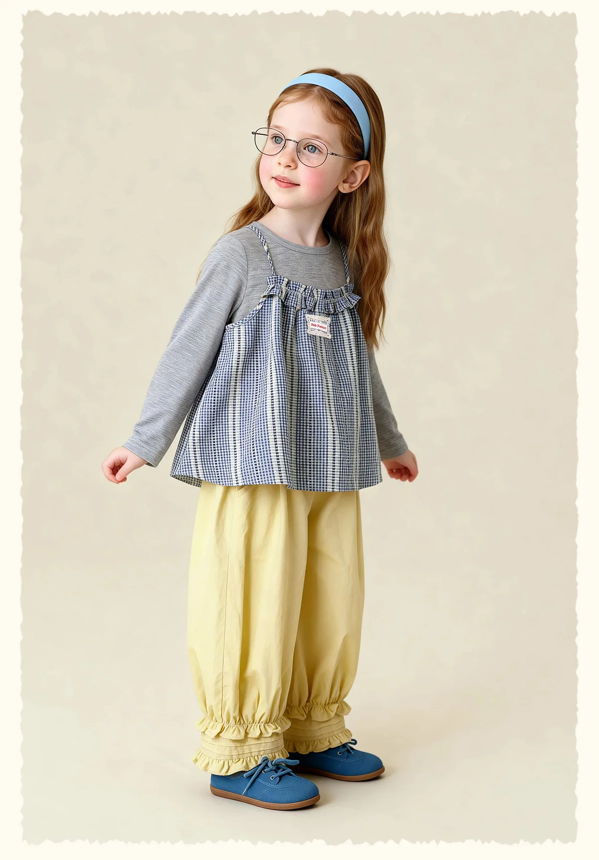 Amila Spring Girls' Strap Long Sleeve Two Piece Round Neck Long Shirt With Lotus Leaf Collar Strap Sweet And Cute Fashion Top